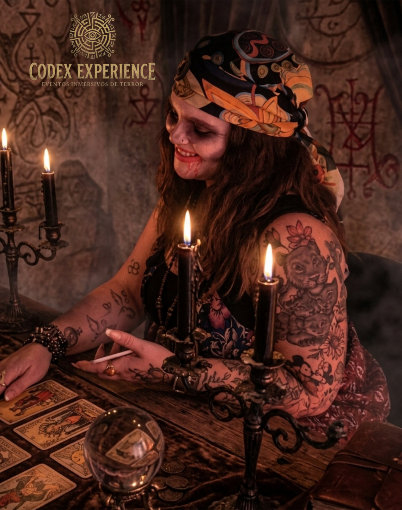 Gitana con un pergamino antiguo y un mapa de la villa, en una escena nocturna